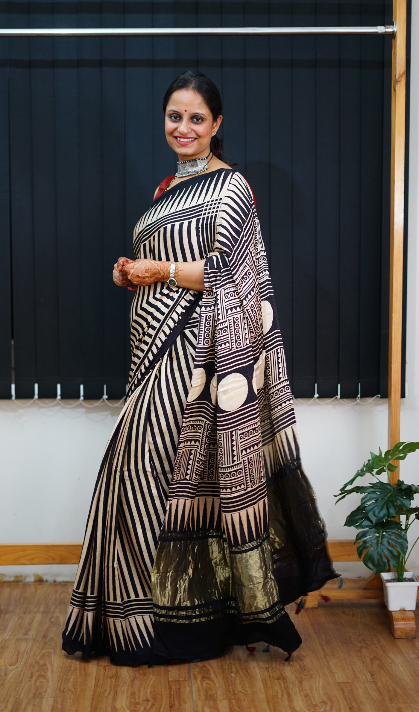 KAJAL: Handblock Modal Silk Tissue Ajrakh Saree