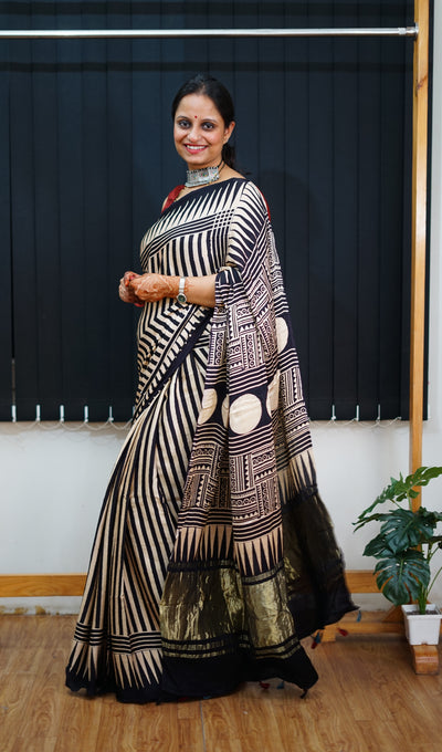 KAJAL: Handblock Modal Silk Tissue Ajrakh Saree