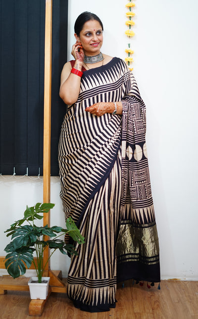 KAJAL: Handblock Modal Silk Tissue Ajrakh Saree
