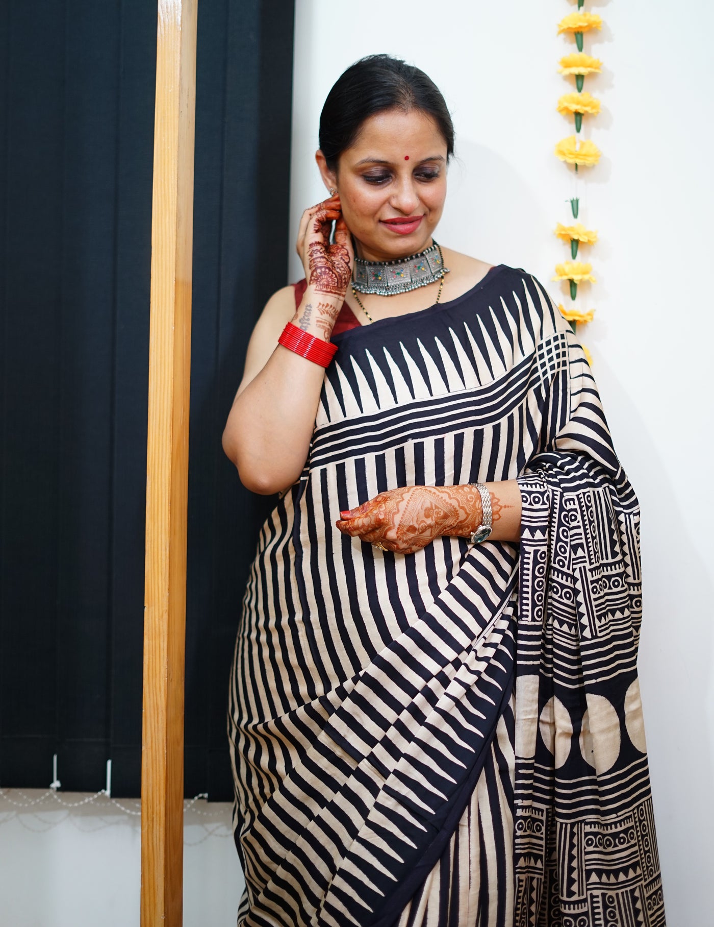 KAJAL: Handblock Modal Silk Tissue Ajrakh Saree