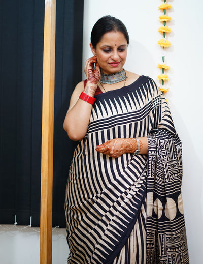 KAJAL: Handblock Modal Silk Tissue Ajrakh Saree