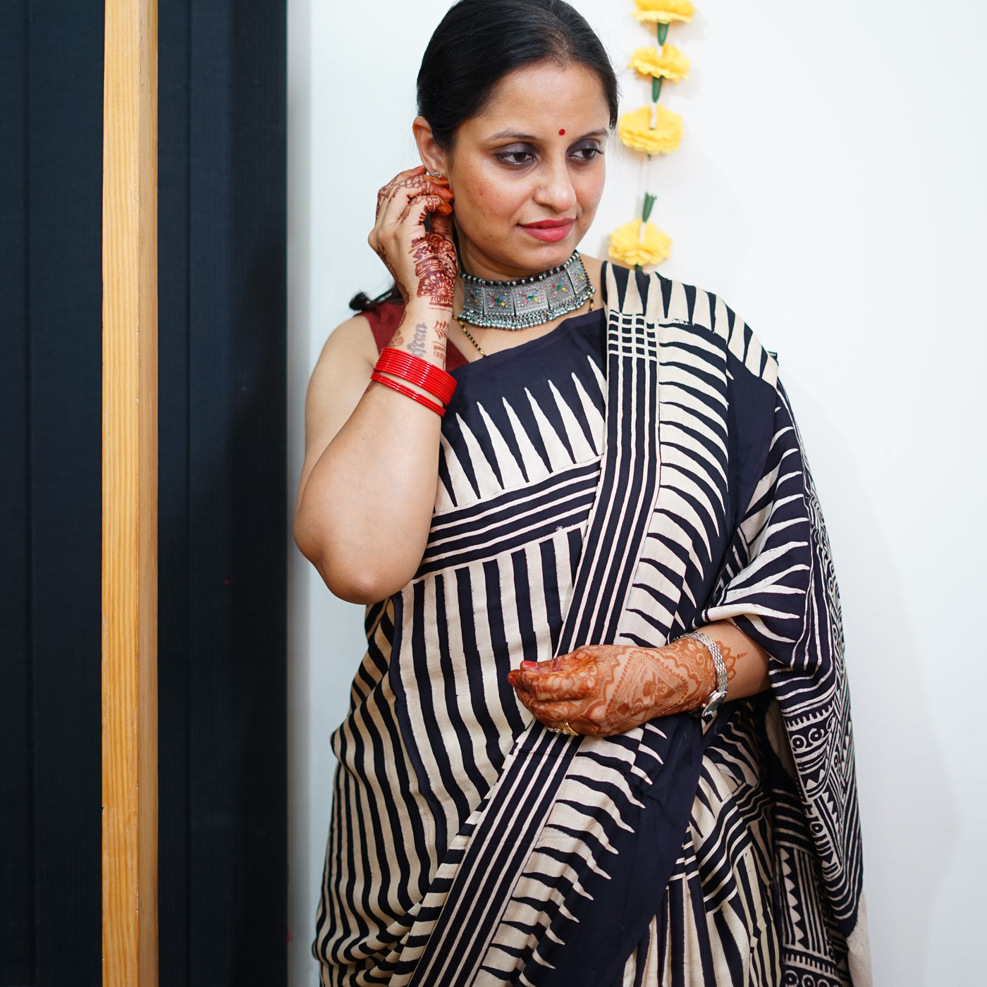 KAJAL: Handblock Modal Silk Tissue Ajrakh Saree