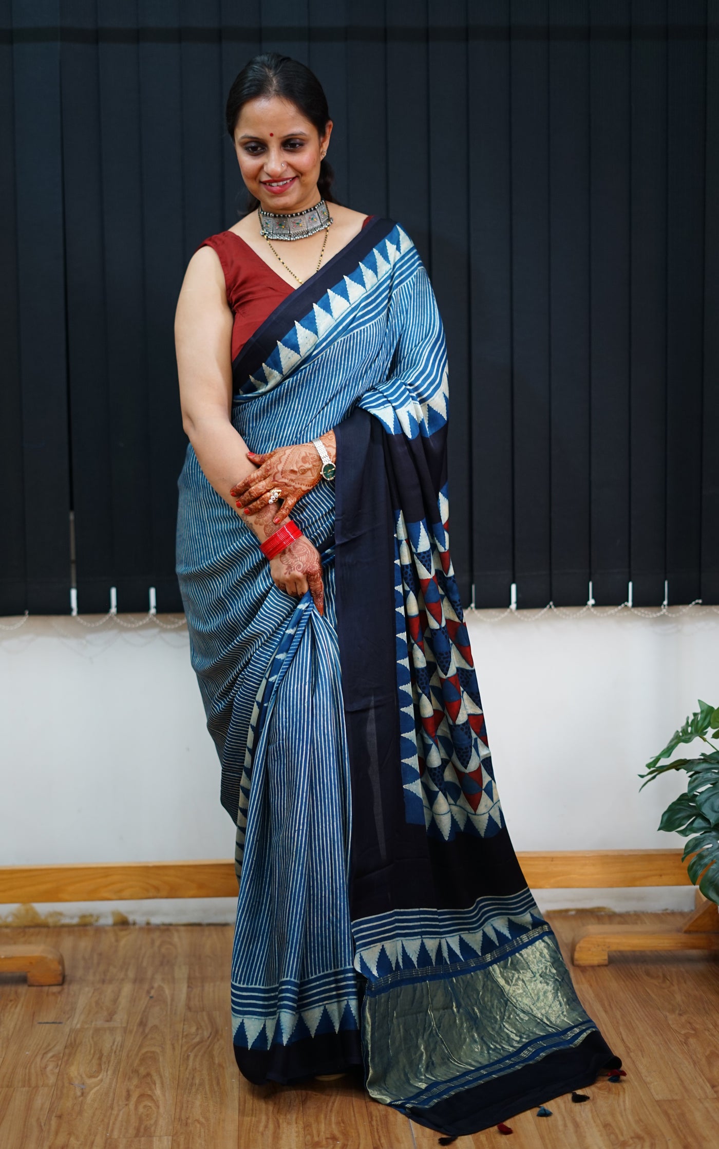 VAIDEHI: Handblock Modal Silk Tissue Ajrakh Saree