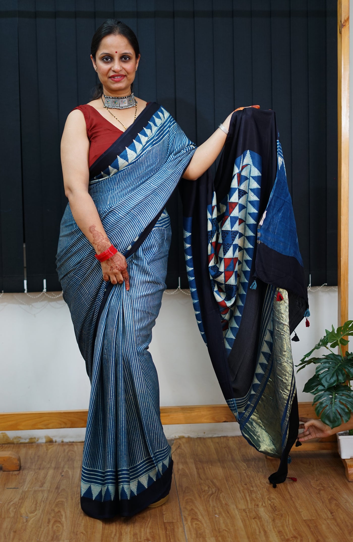 VAIDEHI: Handblock Modal Silk Tissue Ajrakh Saree