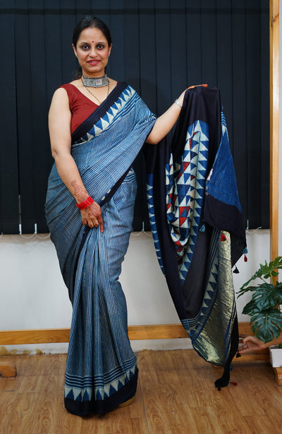VAIDEHI: Handblock Modal Silk Tissue Ajrakh Saree
