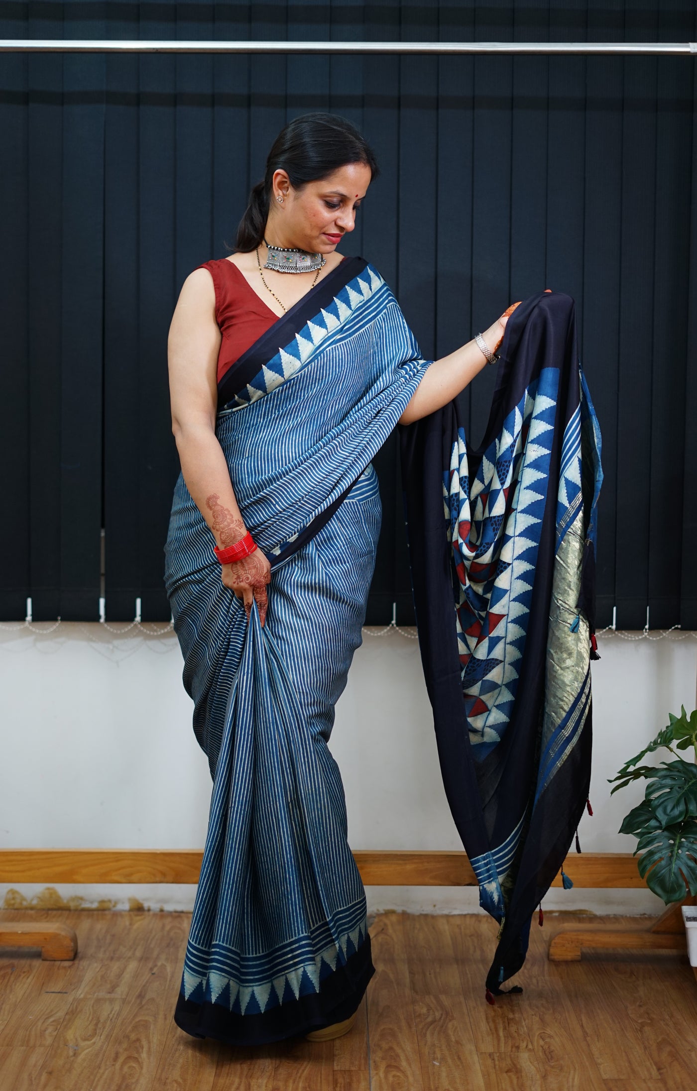 VAIDEHI: Handblock Modal Silk Tissue Ajrakh Saree