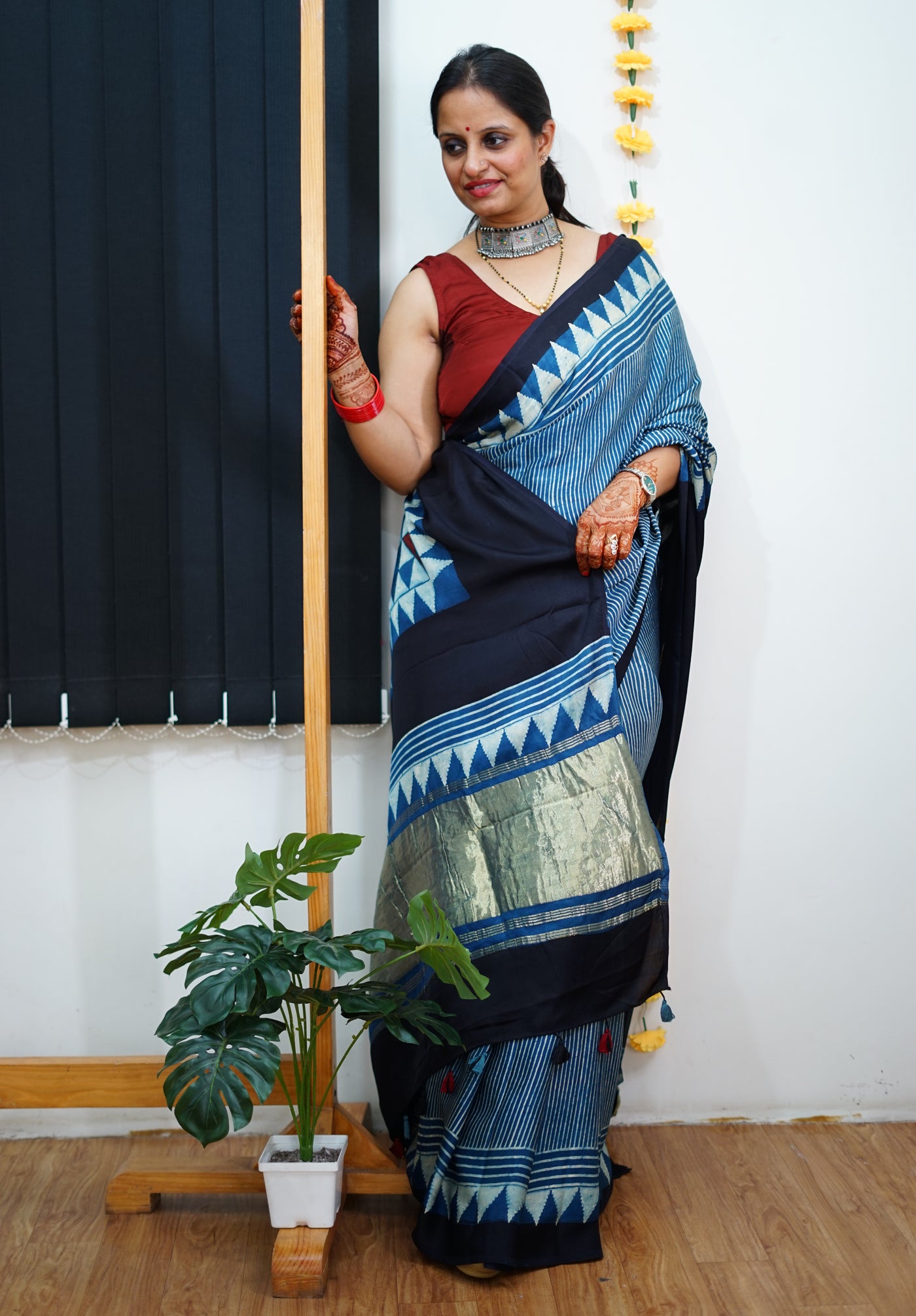 VAIDEHI: Handblock Modal Silk Tissue Ajrakh Saree
