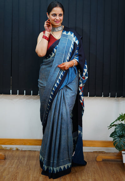 VAIDEHI: Handblock Modal Silk Tissue Ajrakh Saree