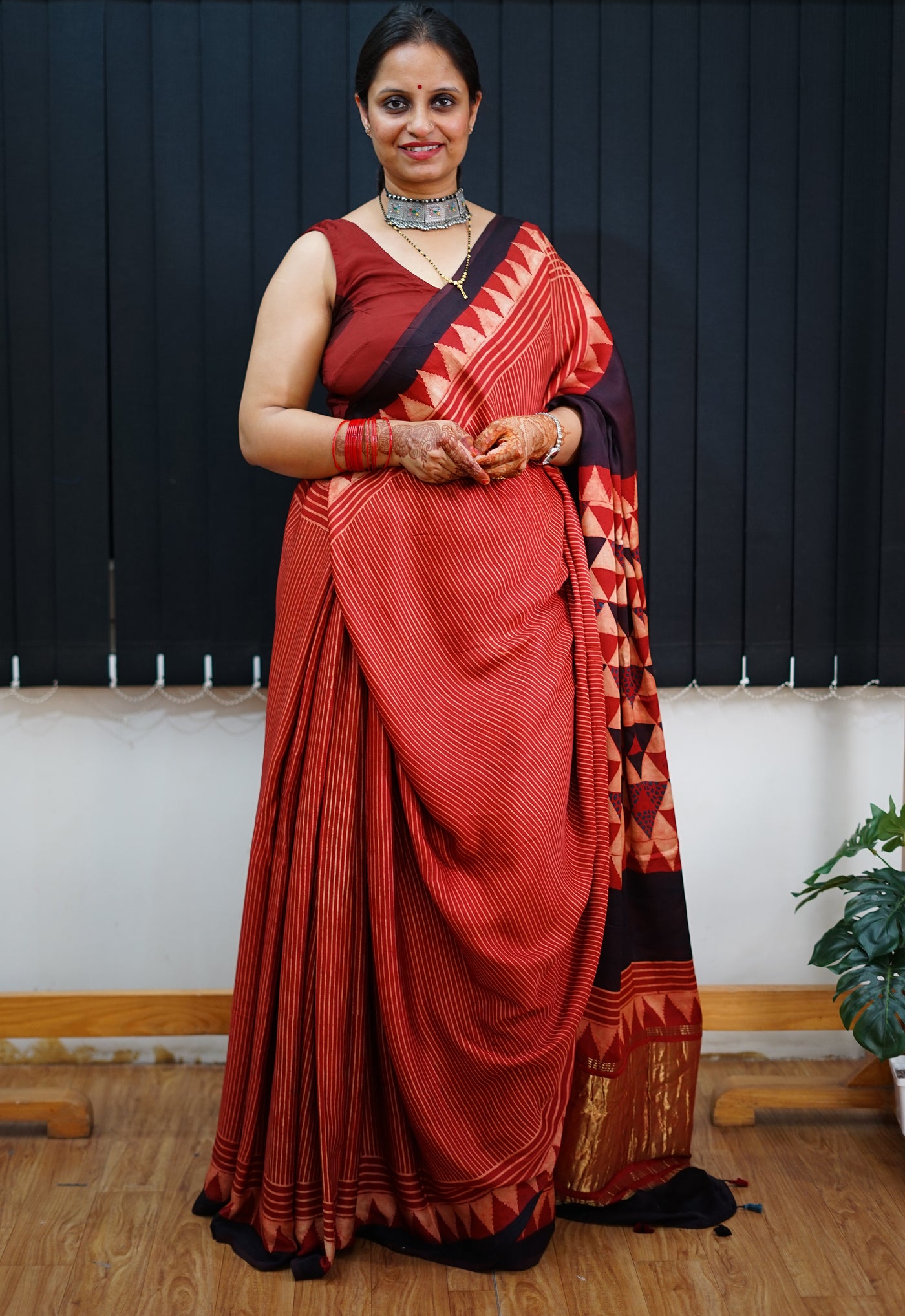 MANNAT: Handblock Modal Silk Tissue Ajrakh Saree