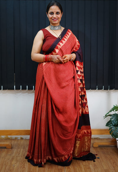 MANNAT: Handblock Modal Silk Tissue Ajrakh Saree