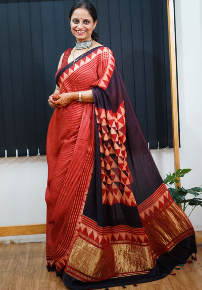 MANNAT: Handblock Modal Silk Tissue Ajrakh Saree