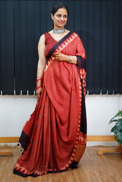 MANNAT: Handblock Modal Silk Tissue Ajrakh Saree