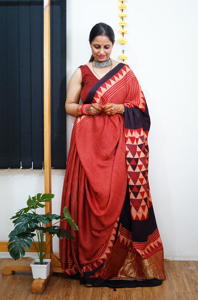 MANNAT: Handblock Modal Silk Tissue Ajrakh Saree