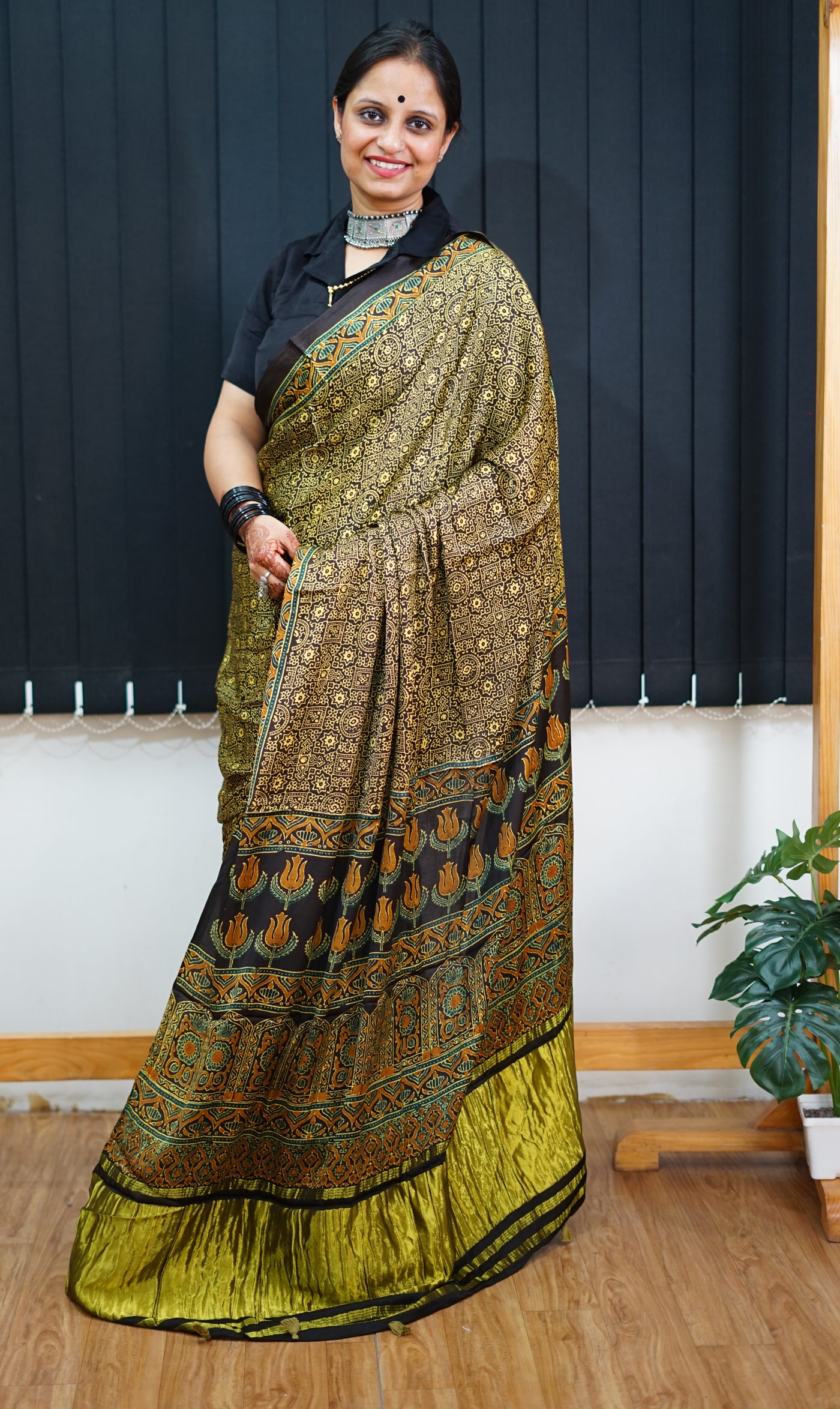 KETKI: Handblock Modal Silk Tissue Ajrakh Saree