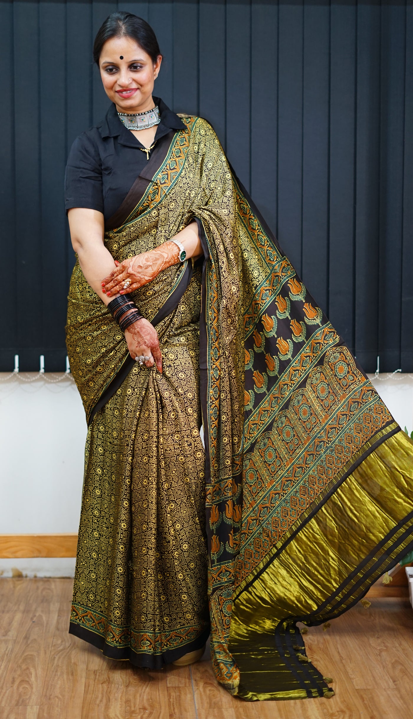 KETKI: Handblock Modal Silk Tissue Ajrakh Saree