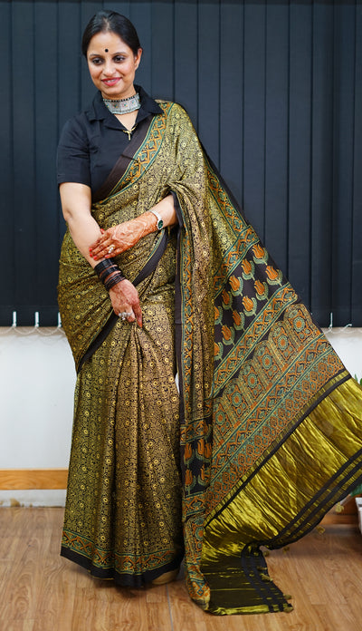 KETKI: Handblock Modal Silk Tissue Ajrakh Saree