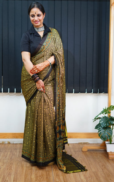 KETKI: Handblock Modal Silk Tissue Ajrakh Saree