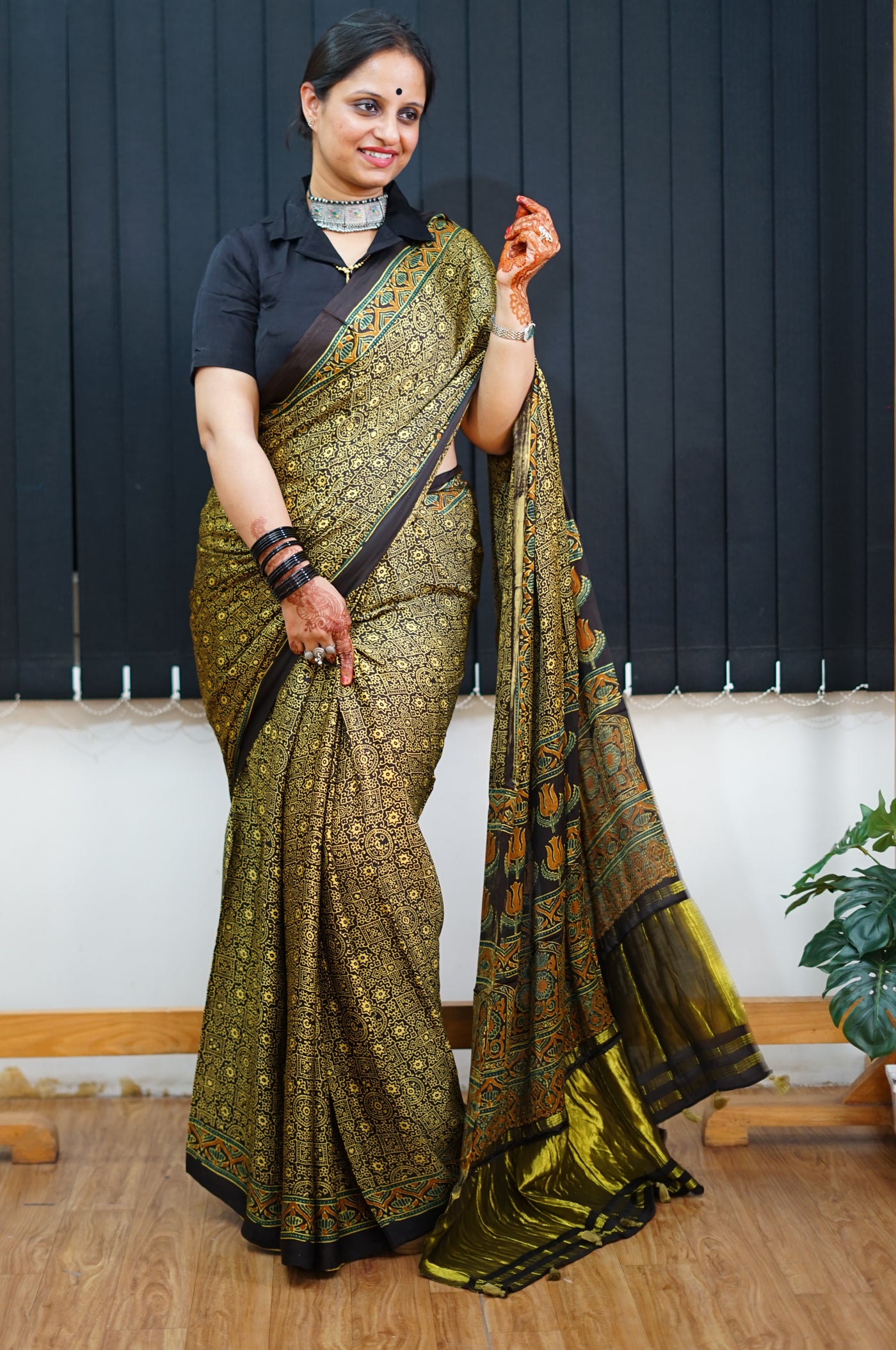 KETKI: Handblock Modal Silk Tissue Ajrakh Saree