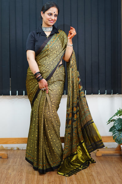KETKI: Handblock Modal Silk Tissue Ajrakh Saree