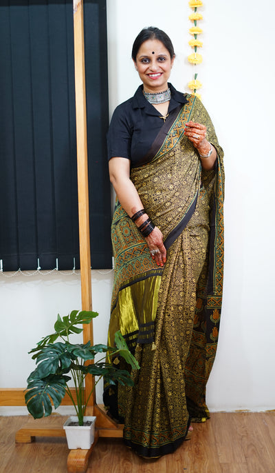 KETKI: Handblock Modal Silk Tissue Ajrakh Saree