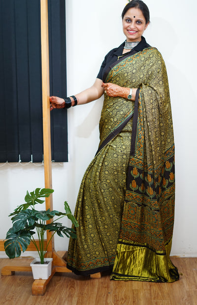 KETKI: Handblock Modal Silk Tissue Ajrakh Saree