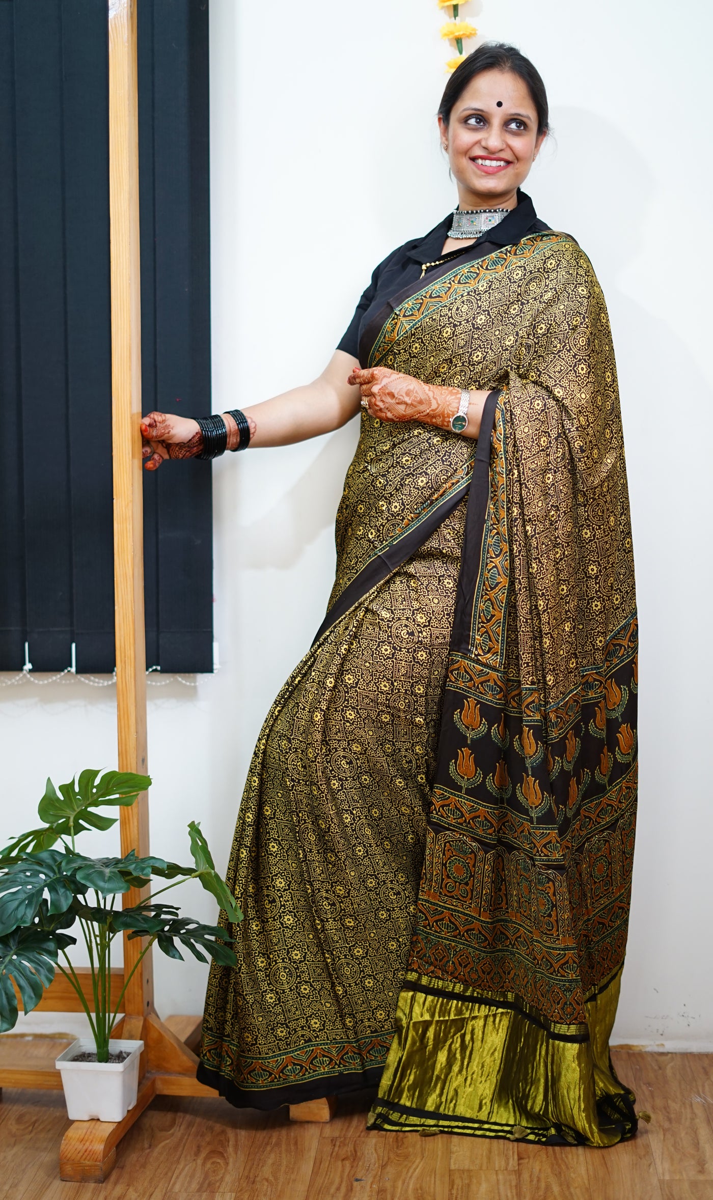 KETKI: Handblock Modal Silk Tissue Ajrakh Saree