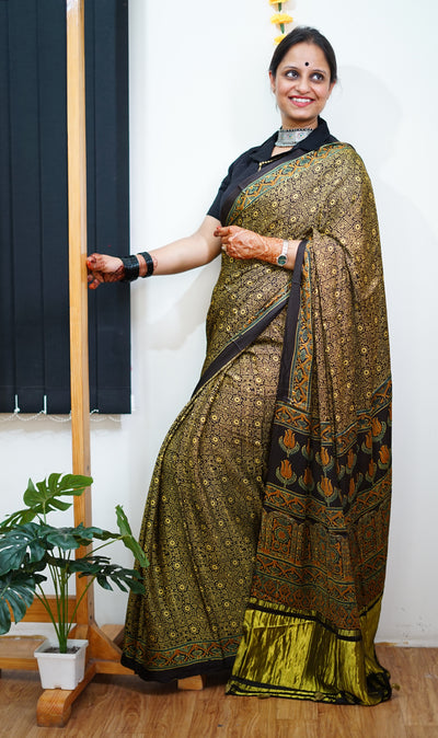 KETKI: Handblock Modal Silk Tissue Ajrakh Saree