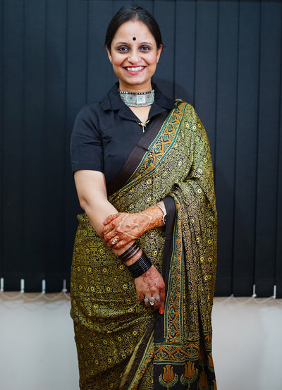 KETKI: Handblock Modal Silk Tissue Ajrakh Saree