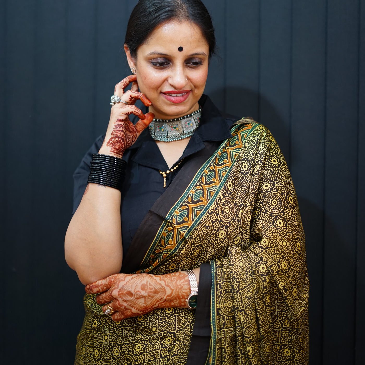 KETKI: Handblock Modal Silk Tissue Ajrakh Saree