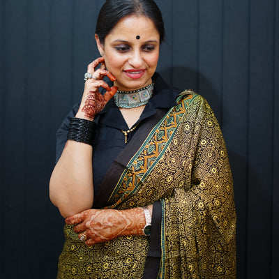 KETKI: Handblock Modal Silk Tissue Ajrakh Saree