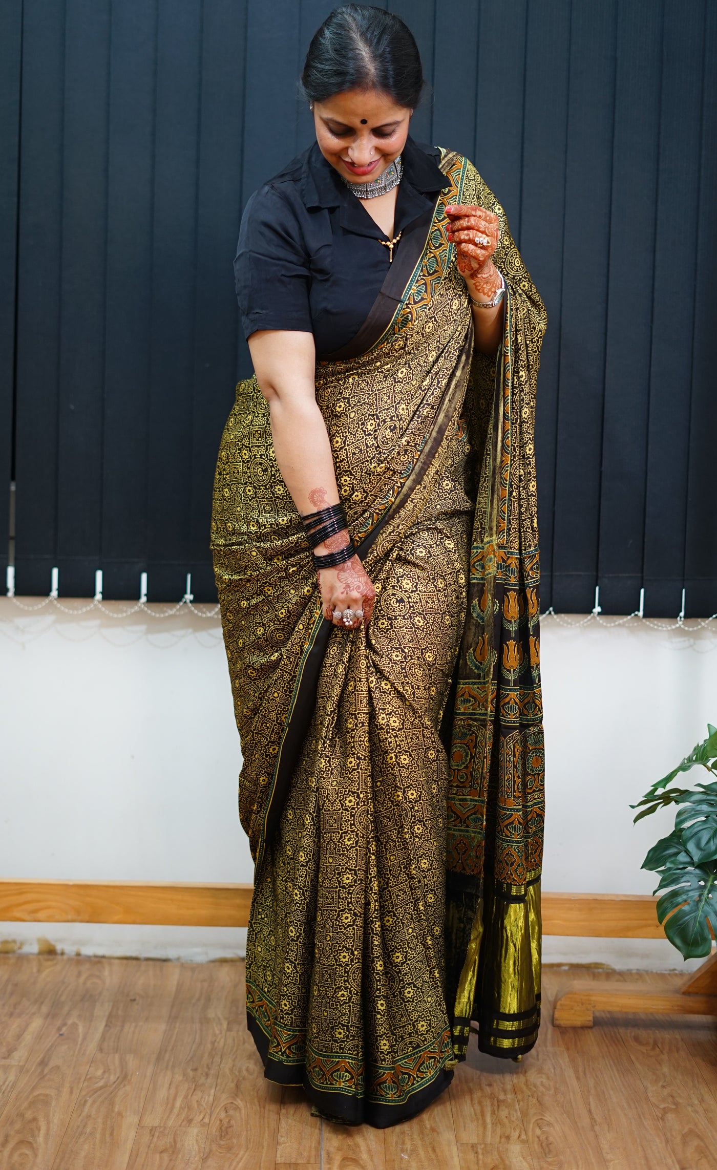 KETKI: Handblock Modal Silk Tissue Ajrakh Saree