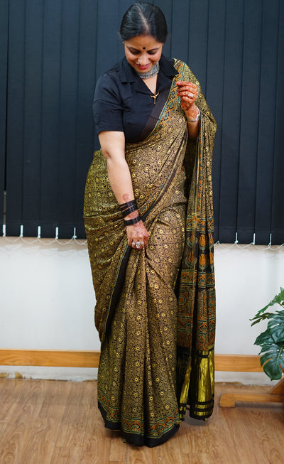 KETKI: Handblock Modal Silk Tissue Ajrakh Saree
