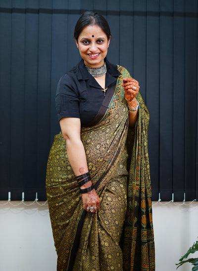 KETKI: Handblock Modal Silk Tissue Ajrakh Saree