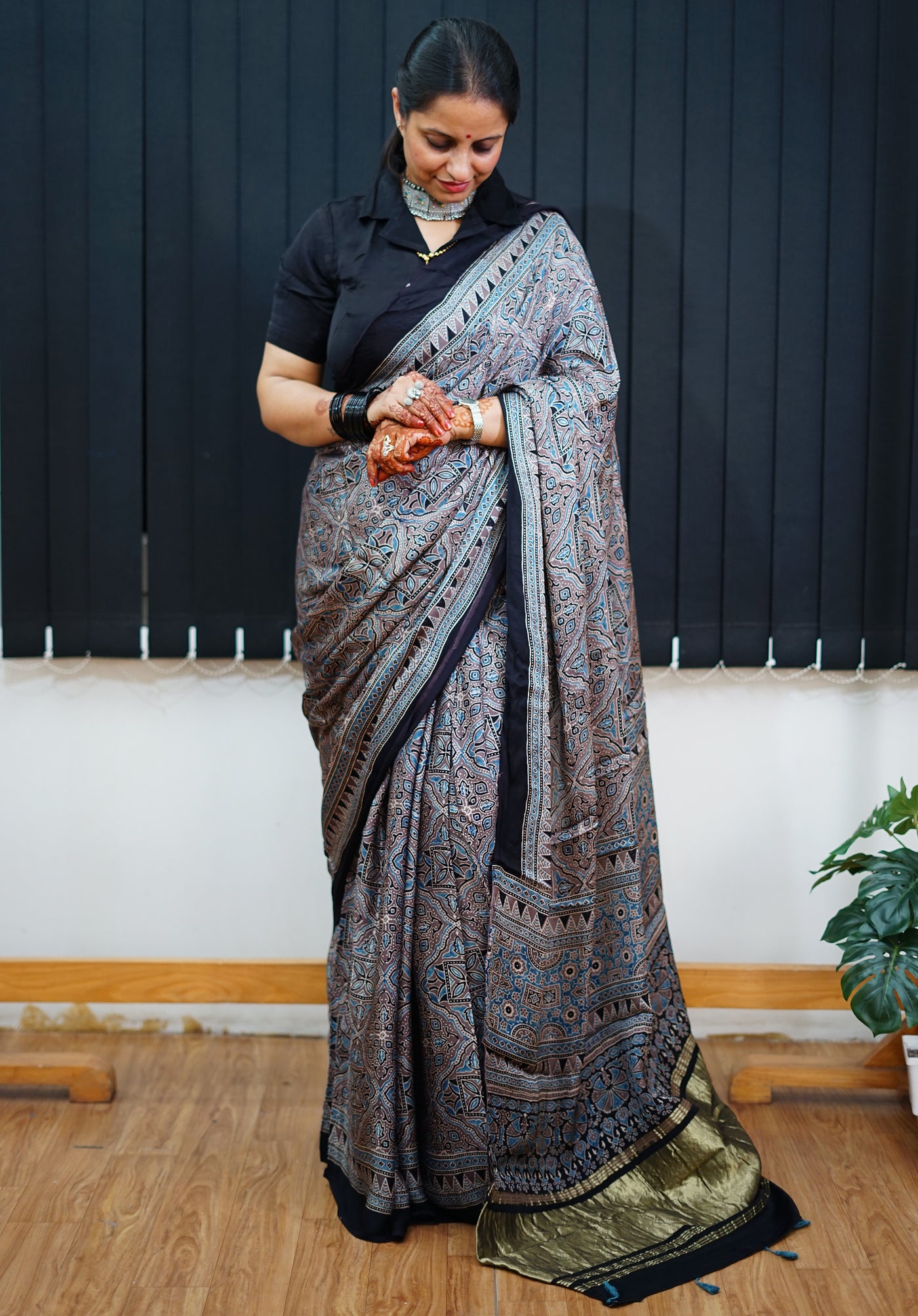 GANGA: Handblock Modal Silk Tissue Ajrakh Saree