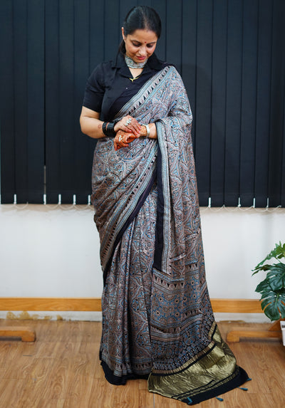 GANGA: Handblock Modal Silk Tissue Ajrakh Saree