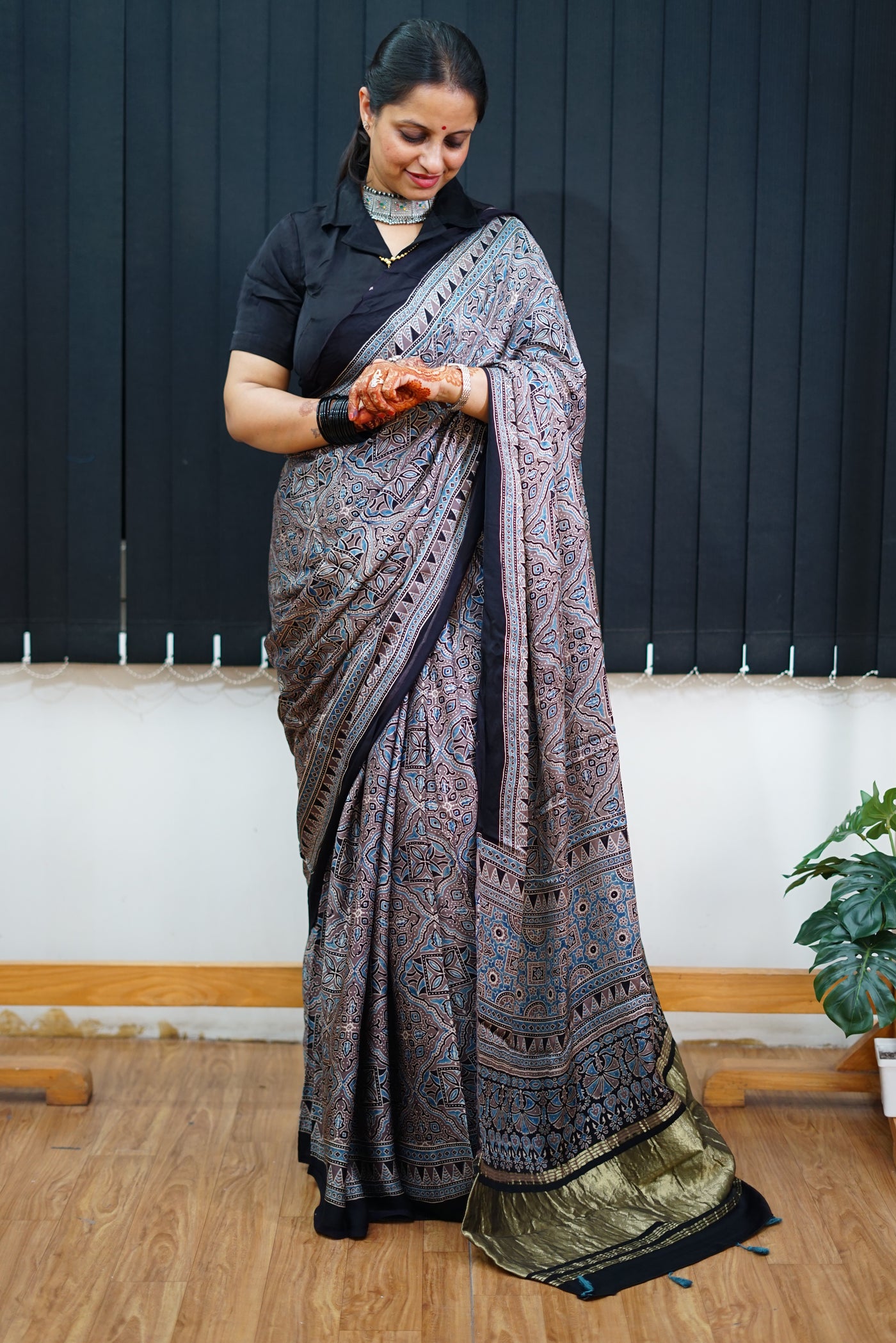 GANGA: Handblock Modal Silk Tissue Ajrakh Saree