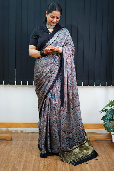GANGA: Handblock Modal Silk Tissue Ajrakh Saree