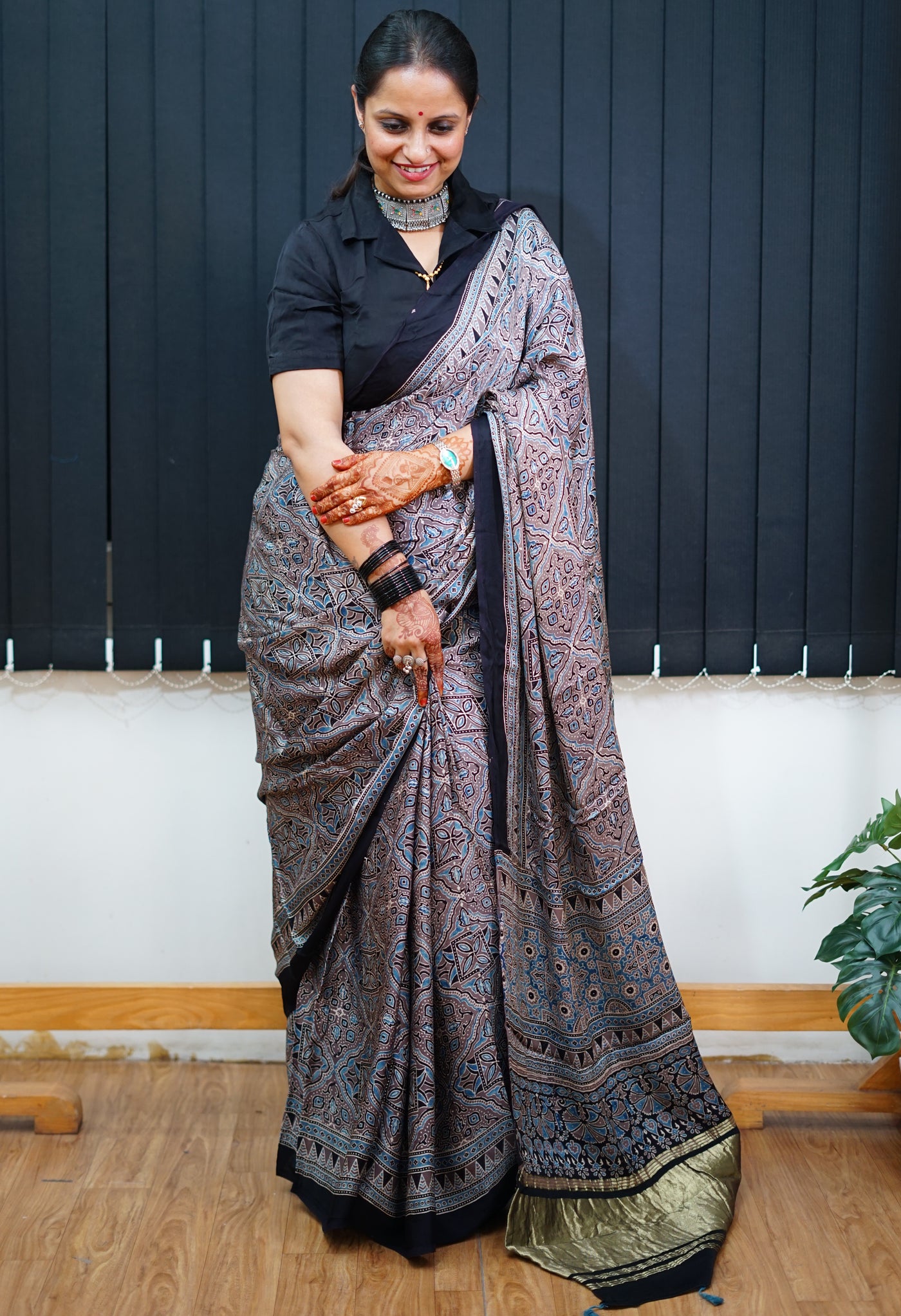 GANGA: Handblock Modal Silk Tissue Ajrakh Saree