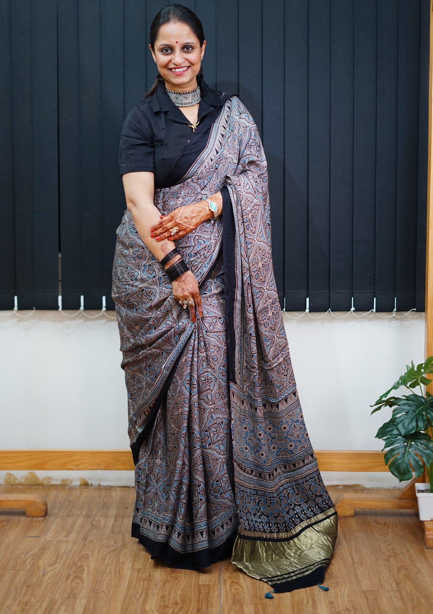 GANGA: Handblock Modal Silk Tissue Ajrakh Saree