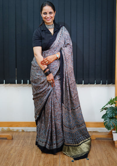 GANGA: Handblock Modal Silk Tissue Ajrakh Saree
