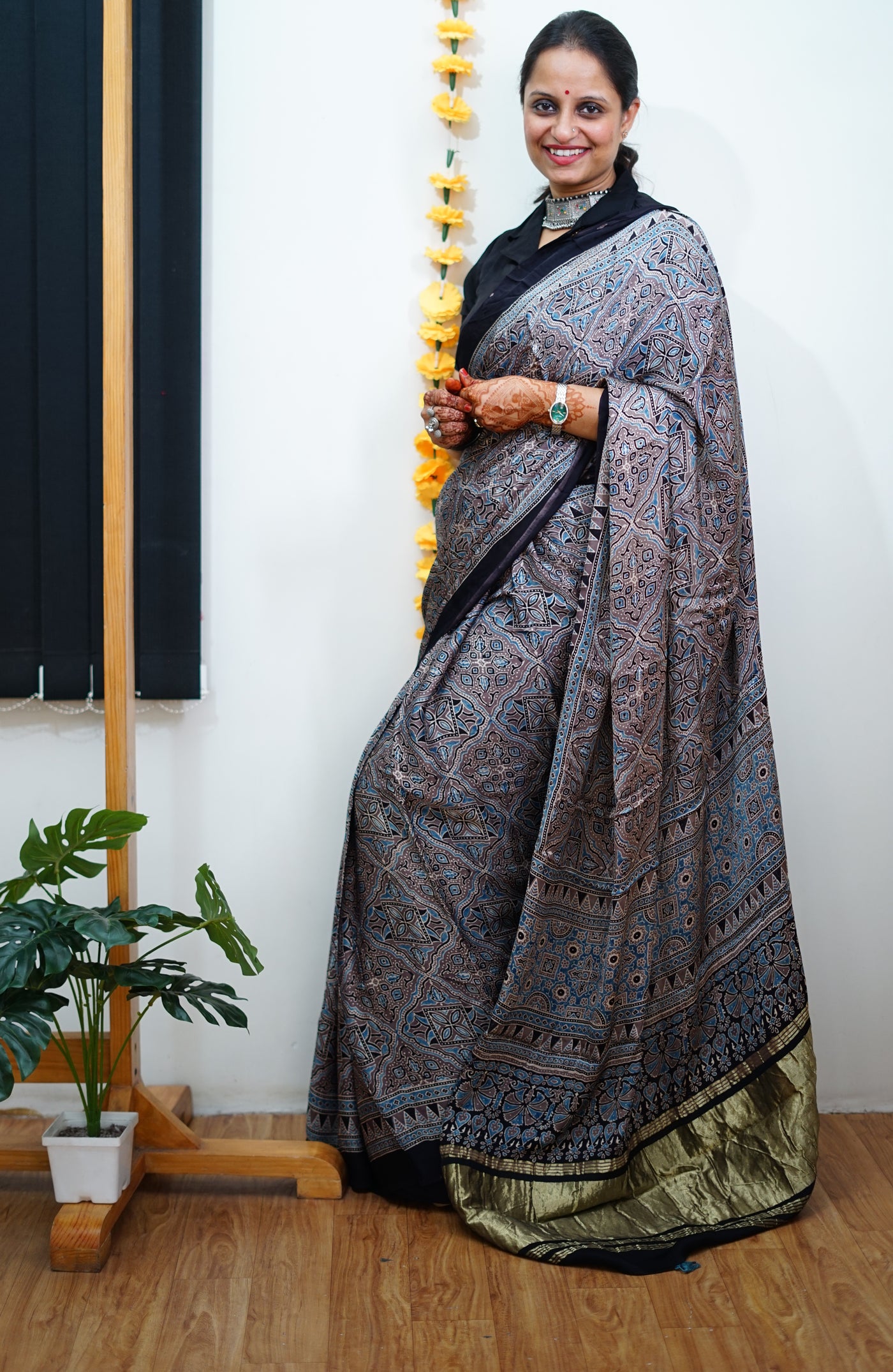 GANGA: Handblock Modal Silk Tissue Ajrakh Saree
