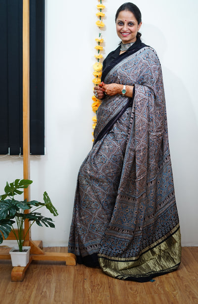 GANGA: Handblock Modal Silk Tissue Ajrakh Saree