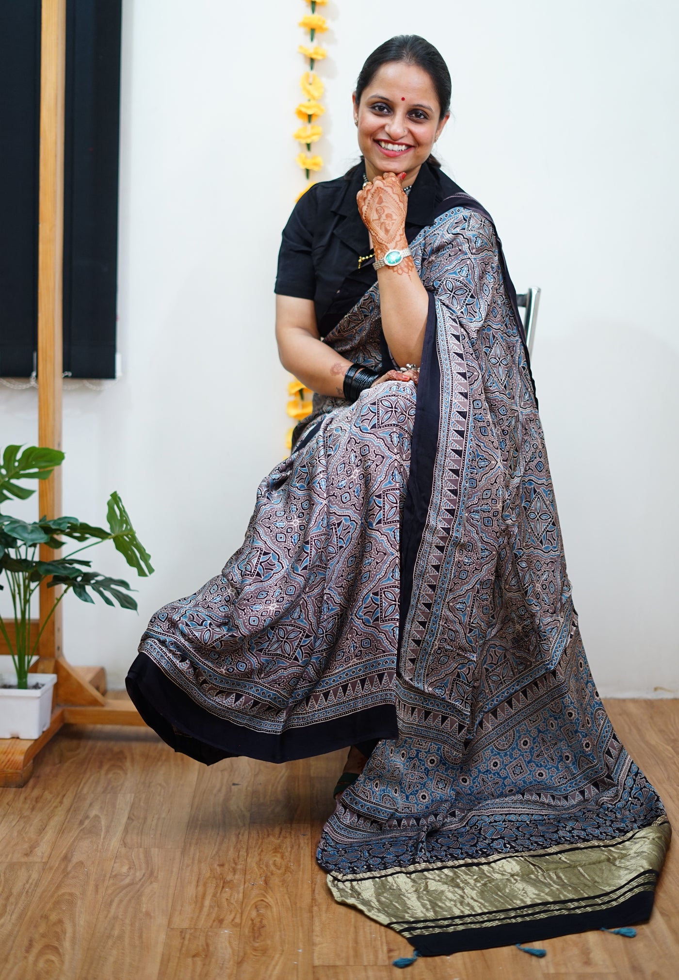 GANGA: Handblock Modal Silk Tissue Ajrakh Saree