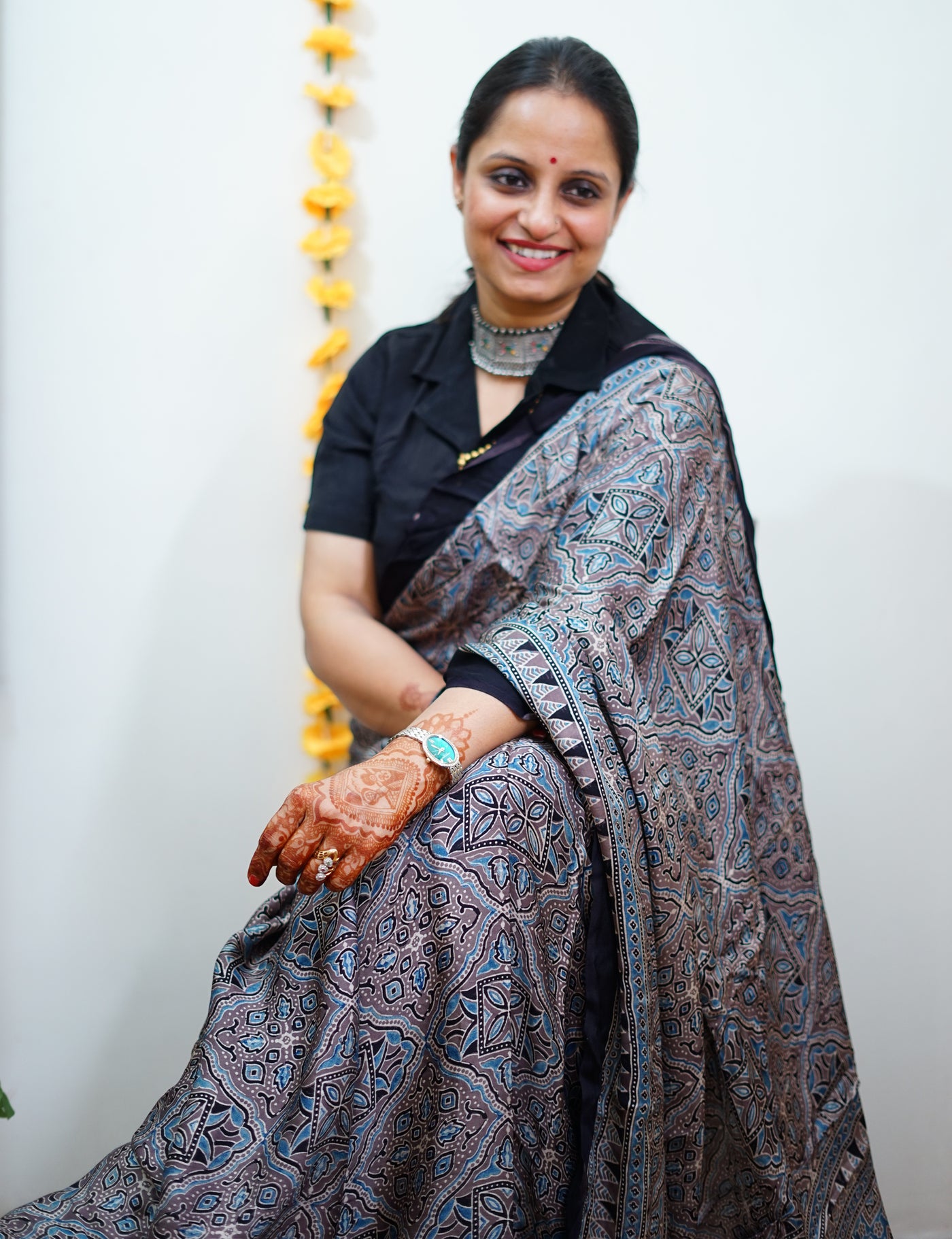 GANGA: Handblock Modal Silk Tissue Ajrakh Saree