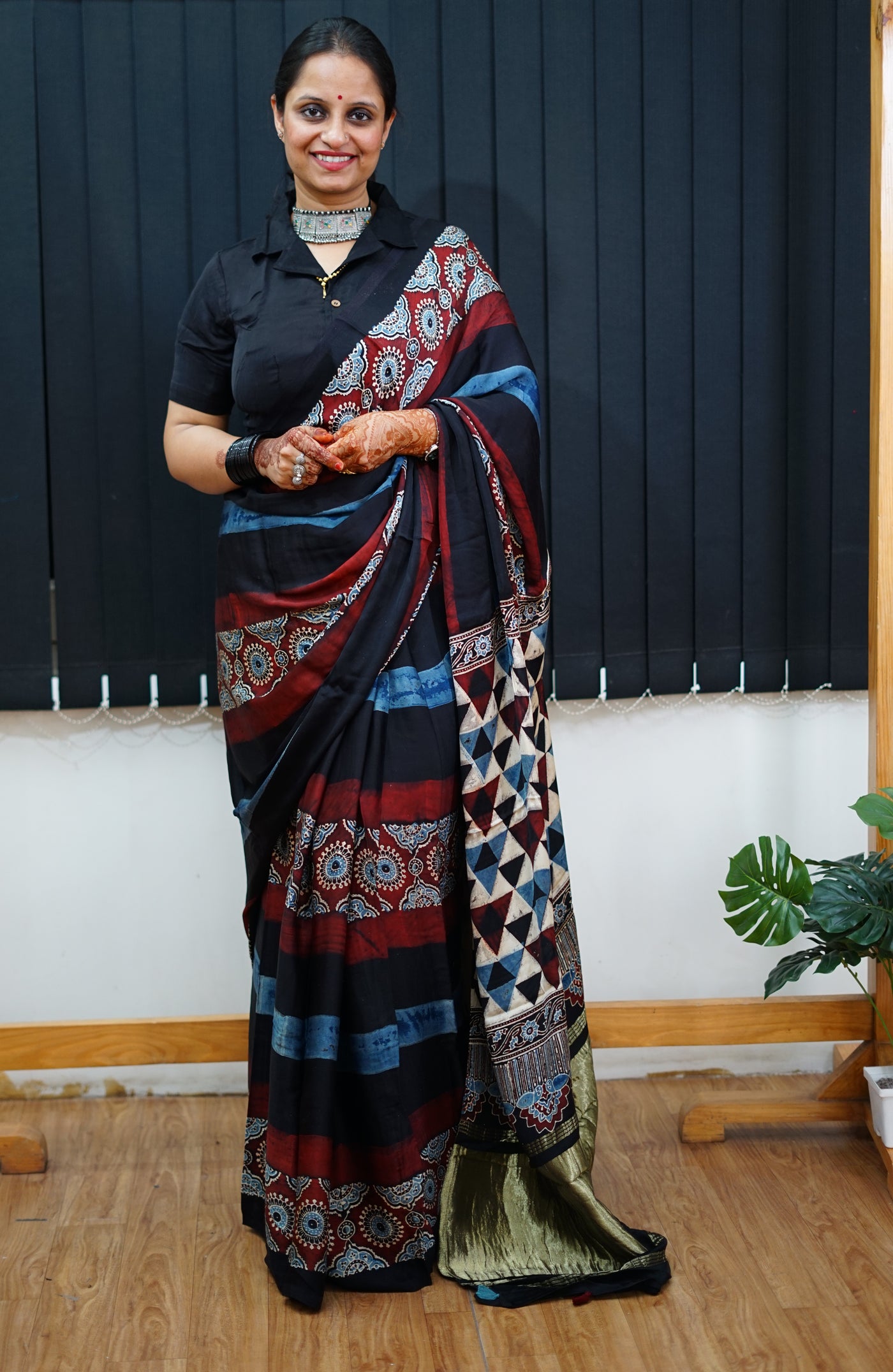 SATYA: Handblock Modal Silk Tissue Ajrakh Saree