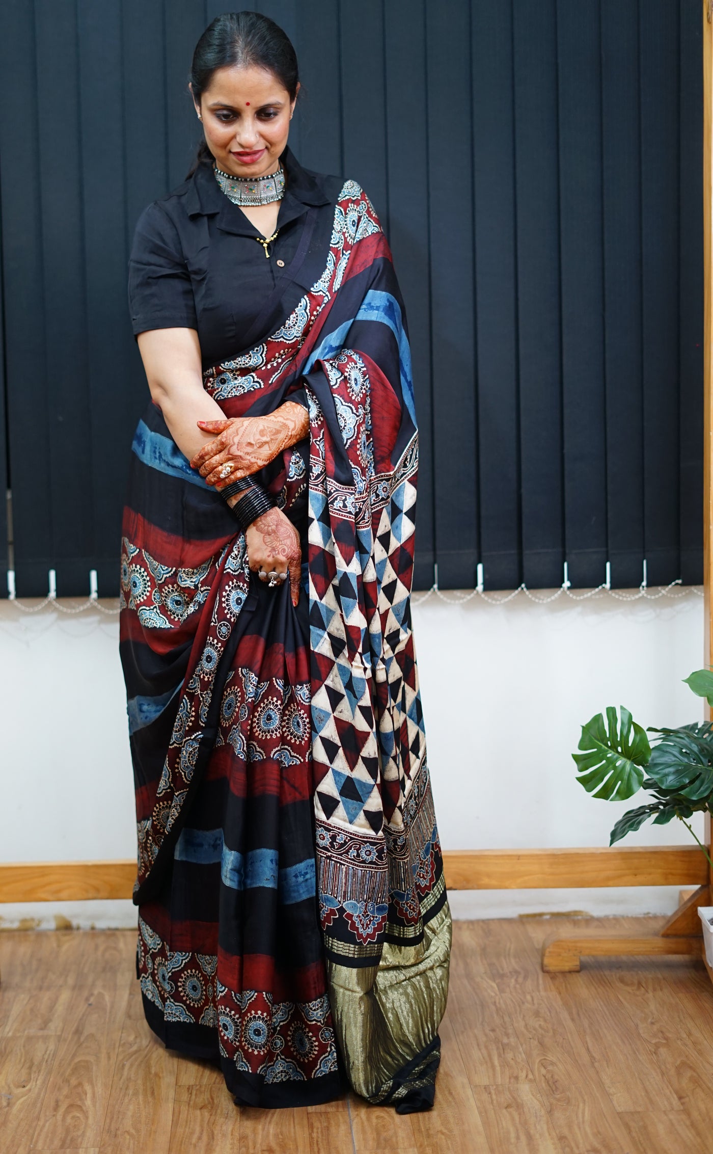 SATYA: Handblock Modal Silk Tissue Ajrakh Saree