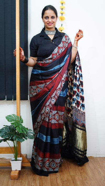 SATYA: Handblock Modal Silk Tissue Ajrakh Saree