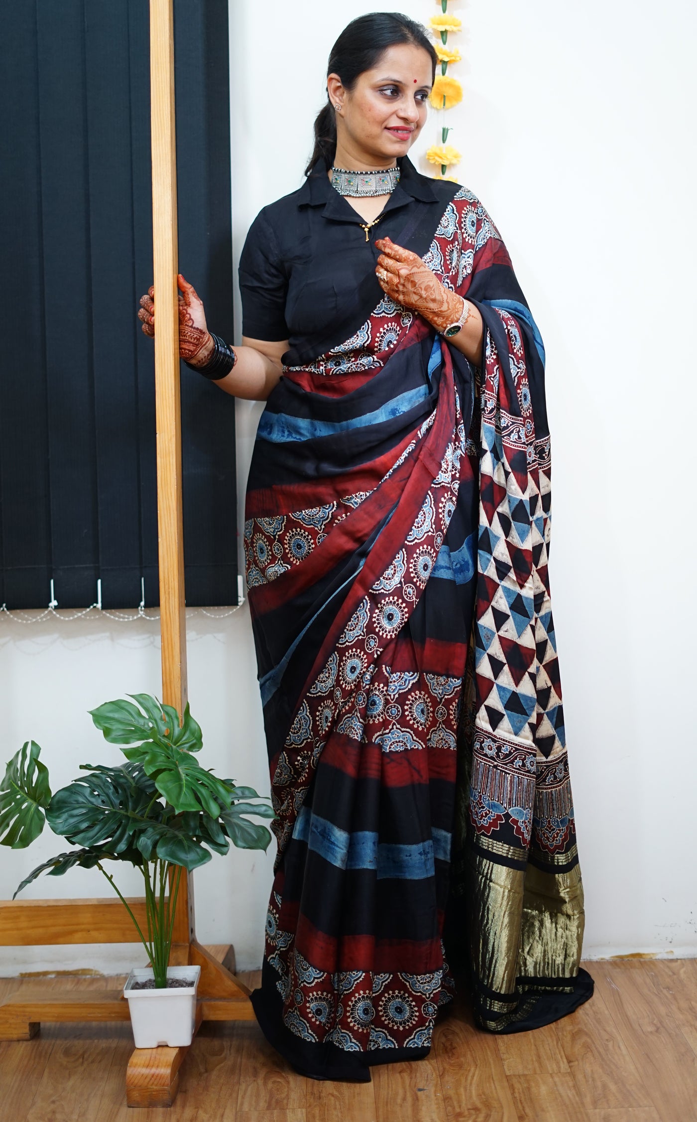 SATYA: Handblock Modal Silk Tissue Ajrakh Saree