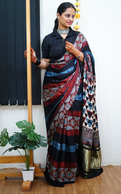 SATYA: Handblock Modal Silk Tissue Ajrakh Saree