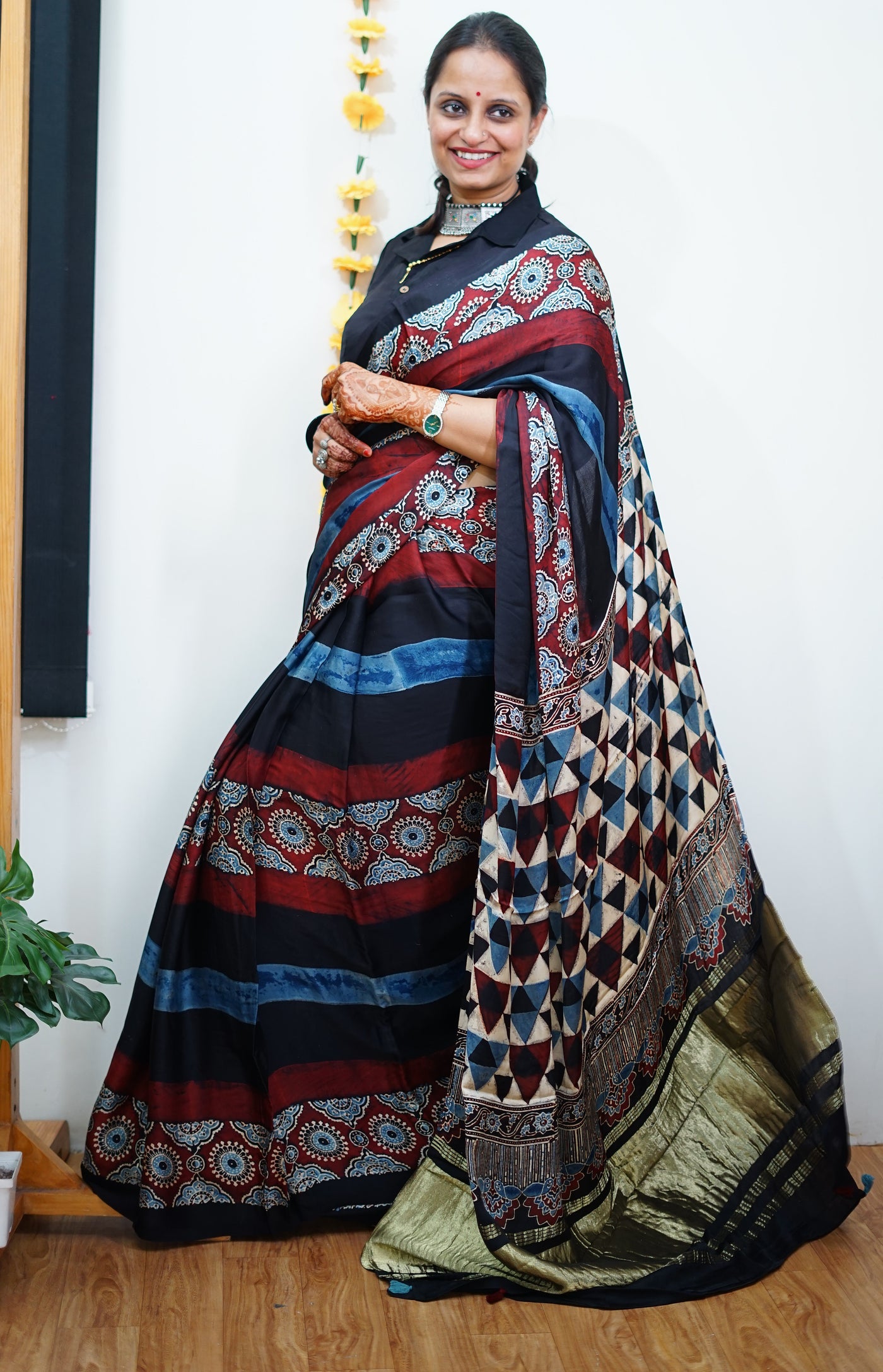 SATYA: Handblock Modal Silk Tissue Ajrakh Saree